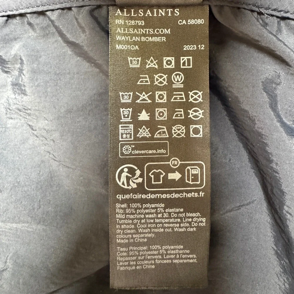 AllSaints Waylan Bomber Jacket Mens XL Black Full Zip M001OA Raglan Sleeve